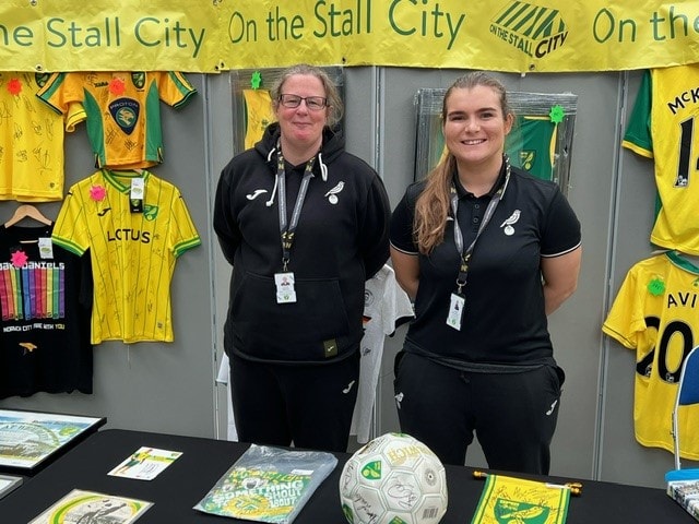 Vintage Norwich City match-worn shirts on display at the March 2024 Football Collectors Fair, The Forum Norwich