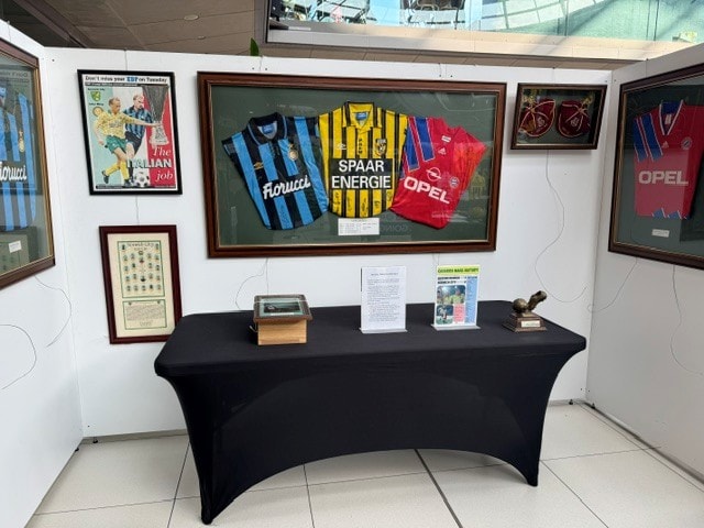 Framed European football shirts and memorabilia exhibition at the March 2025 Football Collectors Fair