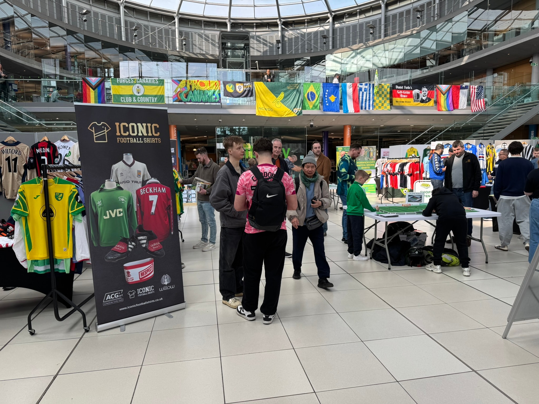 Busy trading floor at the March 2026 Football Collectors Fair, The Forum Norwich